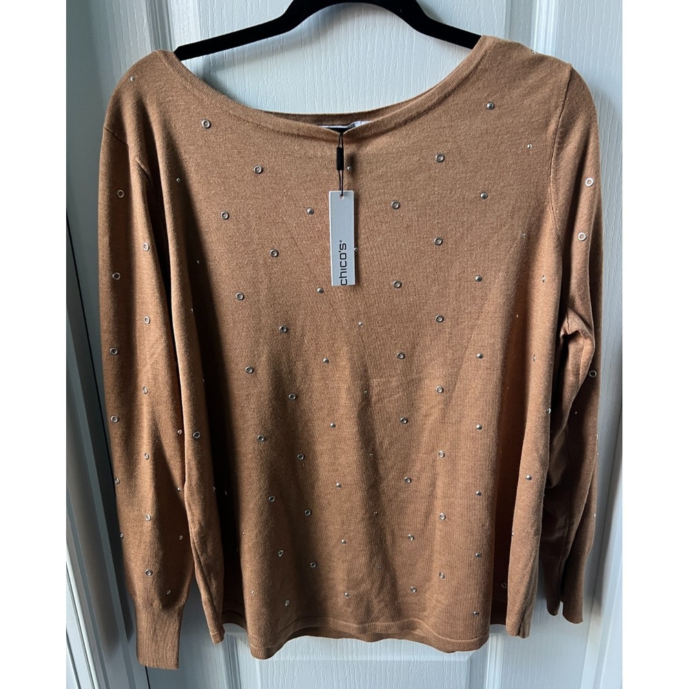 Chicos ‎ Women Sweater Studded Brown Camel Bateau Pullover Size 3 NEW